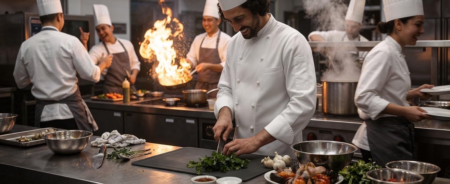 Chef chopping herbs on a CHEFEAT TPU cutting board in a busy kitchen