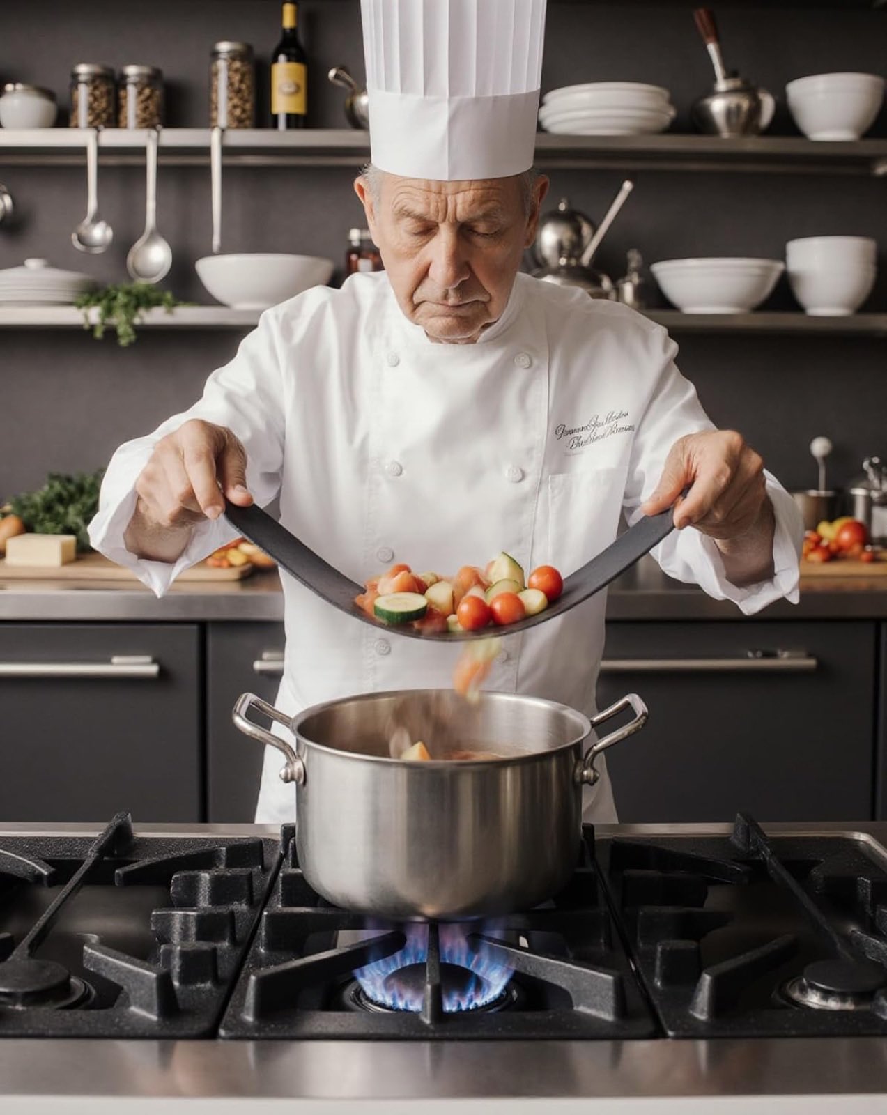 Chef funnels chopped vegetables into a pot with the flexible CHEFEAT TPU cutting board