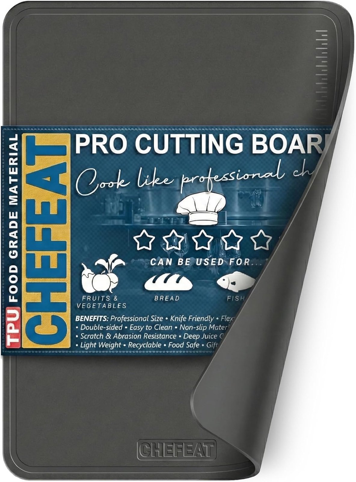 CHEFEAT TPU cutting board bent to show how flexible it is