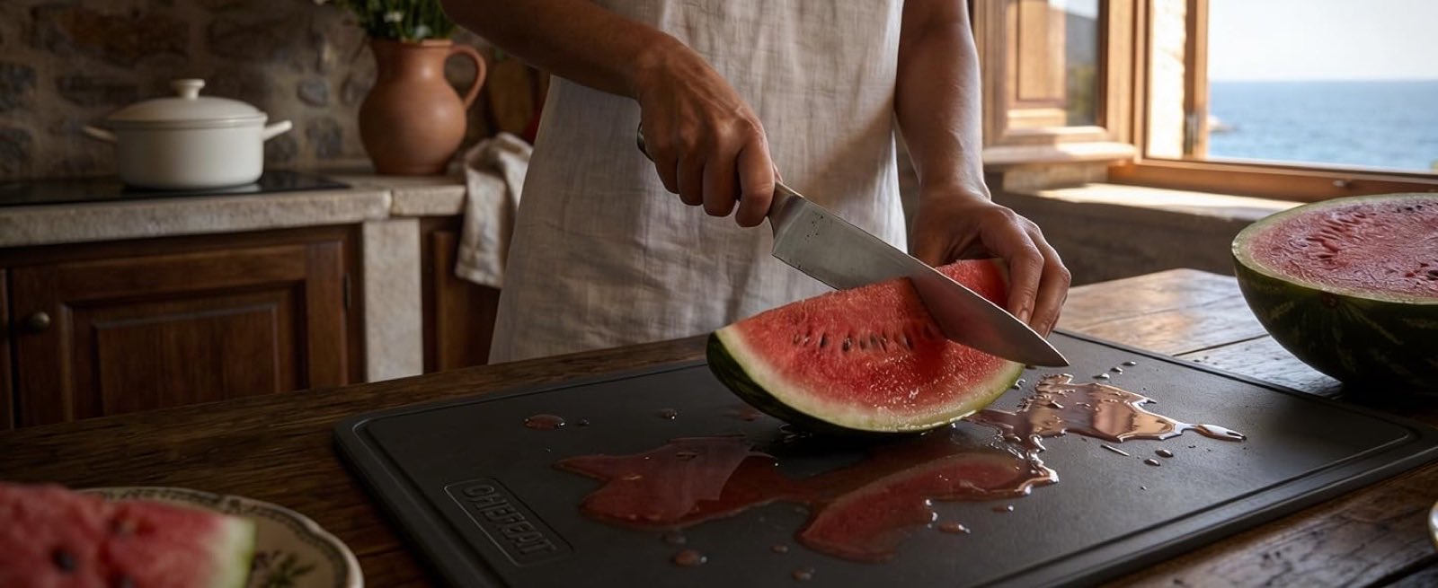 Slicing watermelon on a CHEFEAT TPU cutting board by the sea