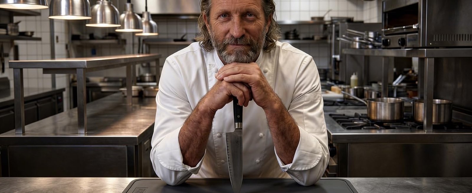 Professional chef with a knife beside the CHEFEAT TPU cutting board in a restaurant kitchen