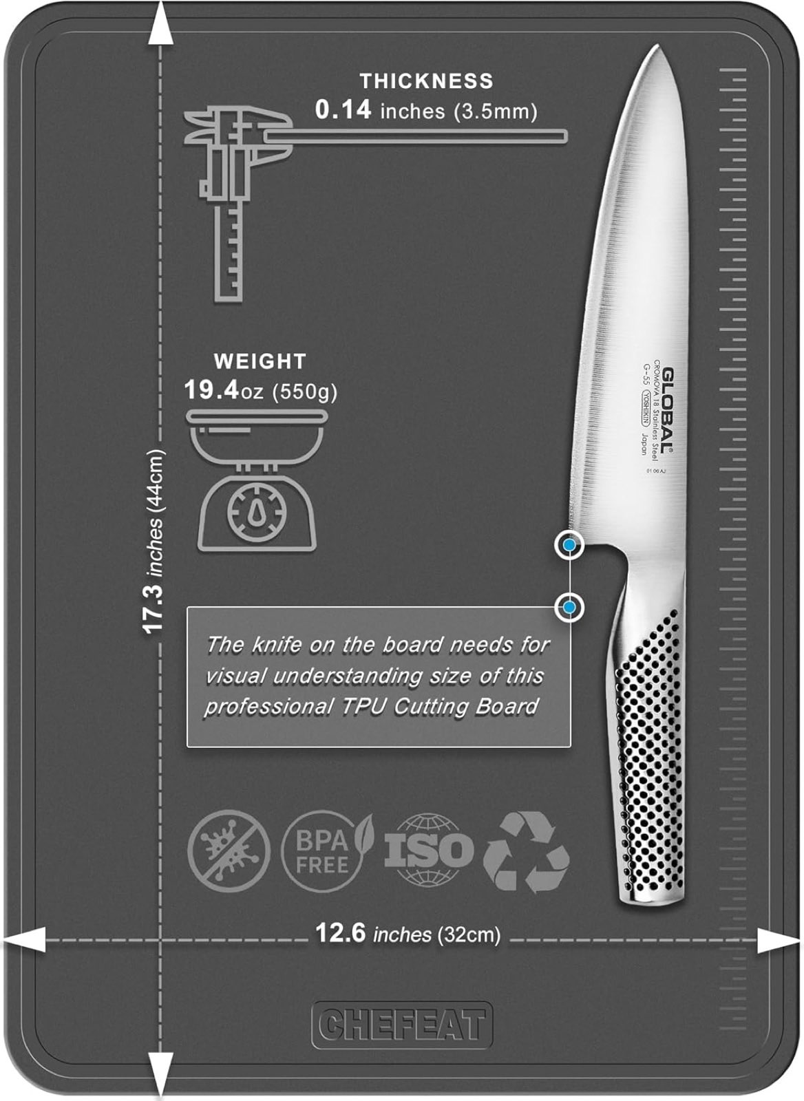 CHEFEAT TPU cutting board dimensions 17.3 x 12.6 inches, 3.5 mm thick, 19.4 oz