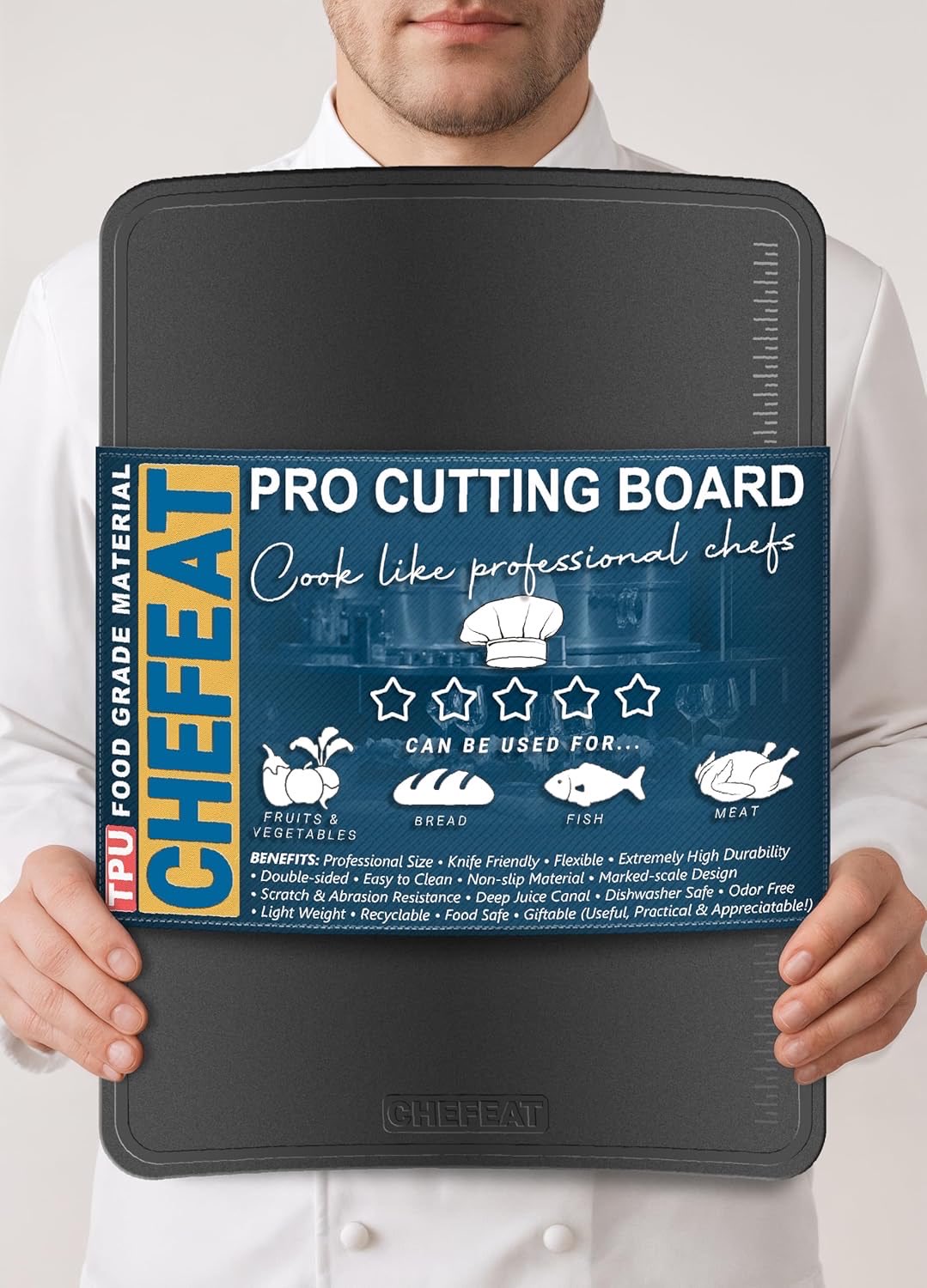 Person holding the extra-large CHEFEAT TPU cutting board