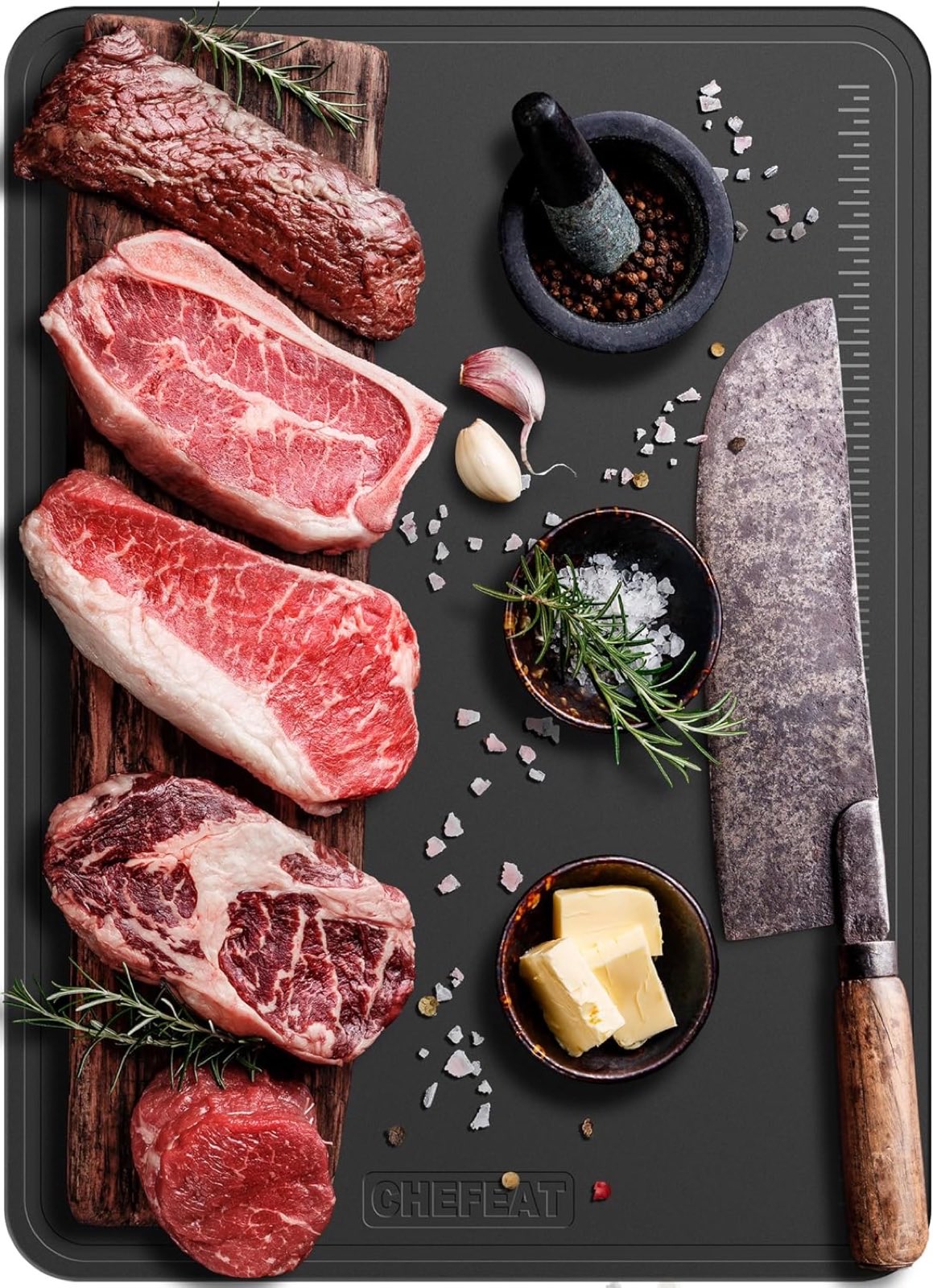 CHEFEAT TPU cutting board with steaks, cleaver and spices