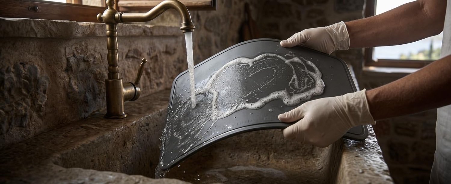 Rinsing a soapy CHEFEAT TPU cutting board clean under a tap
